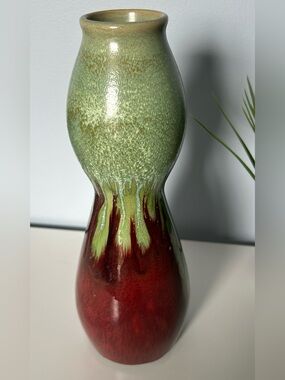 Vintage Studio Pottery Vase 11” Red Green Drip Glaze MCM Style